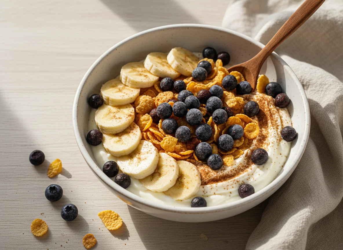 Cereal com iogurte, banana e mirtilos photo