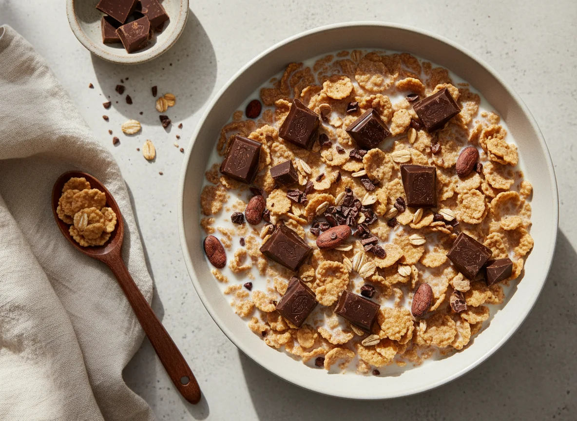 Cereal com leite e pedaços de chocolate photo