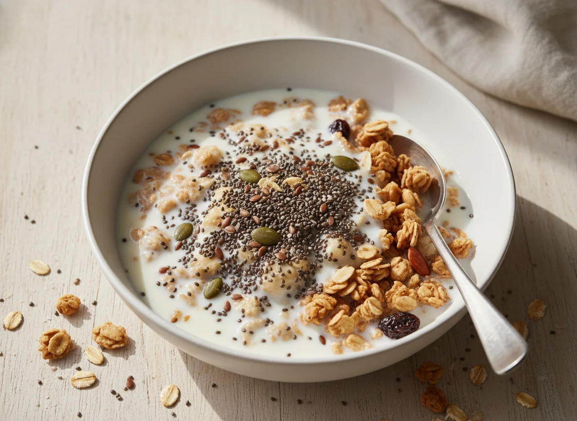 Cereal com Leite e Sementes photo
