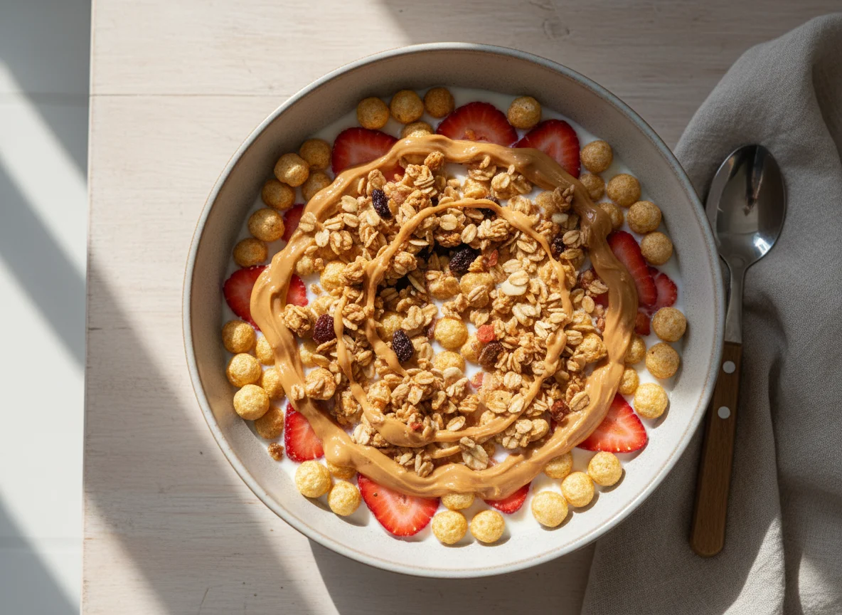 Cereal com morangos, leite e pasta de amendoim photo