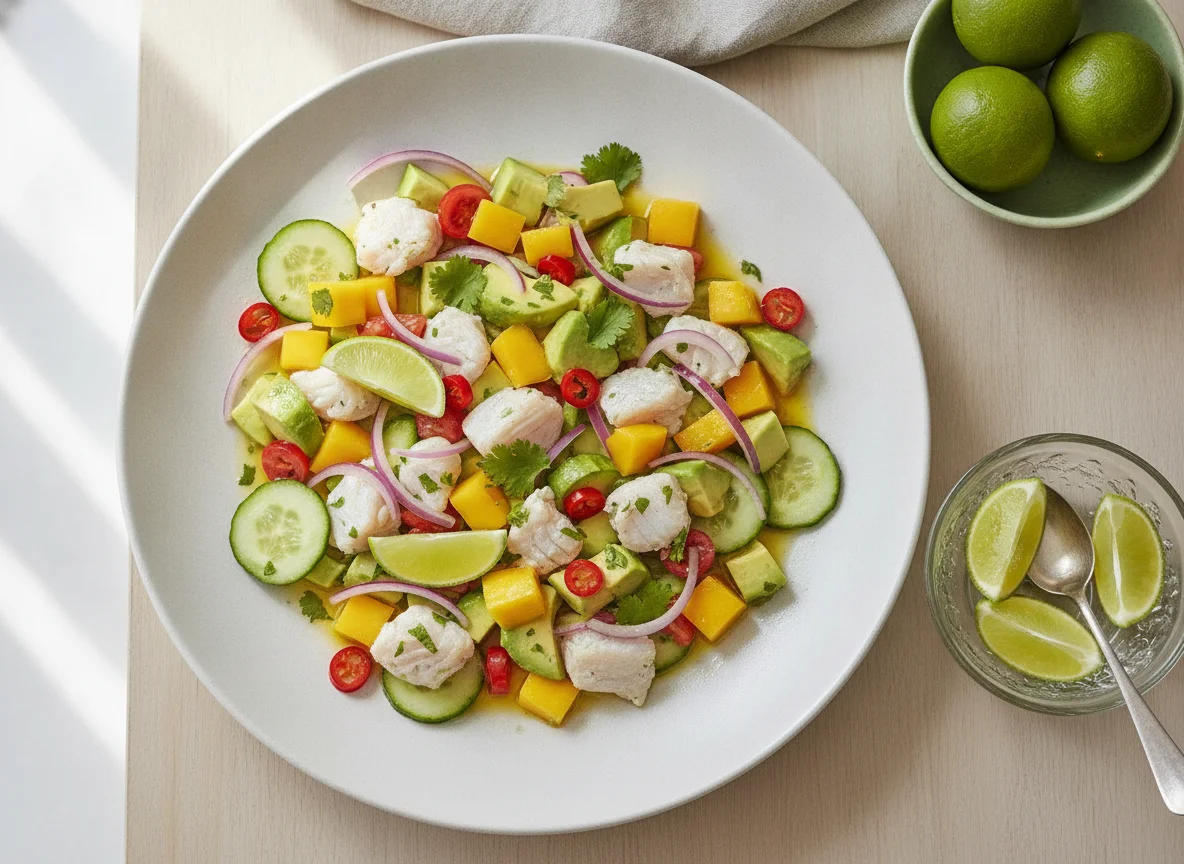 Ceviche de Peixe Branco com Manga e Abacate photo