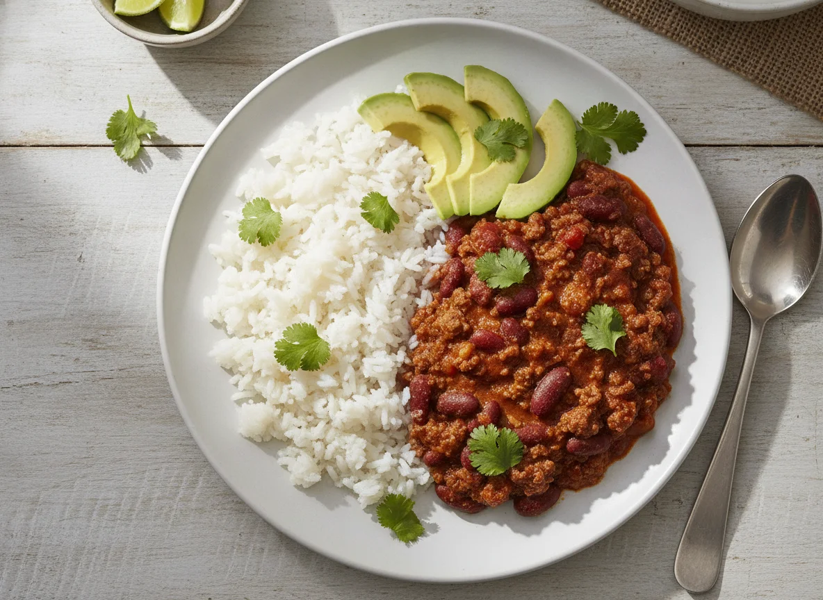 Chili com carne com arroz e abacate photo