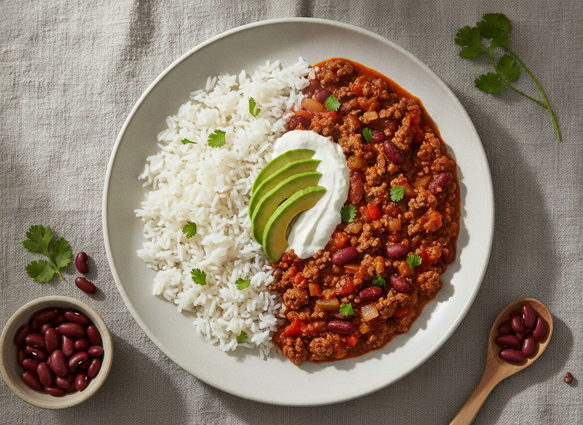 Chili com carne e arroz basmati photo