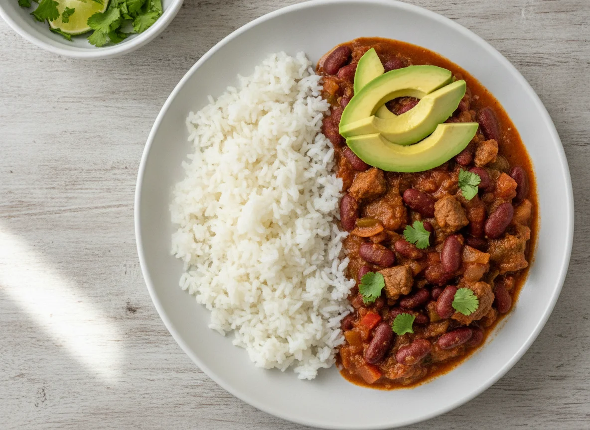 Chili com carne e arroz branco photo