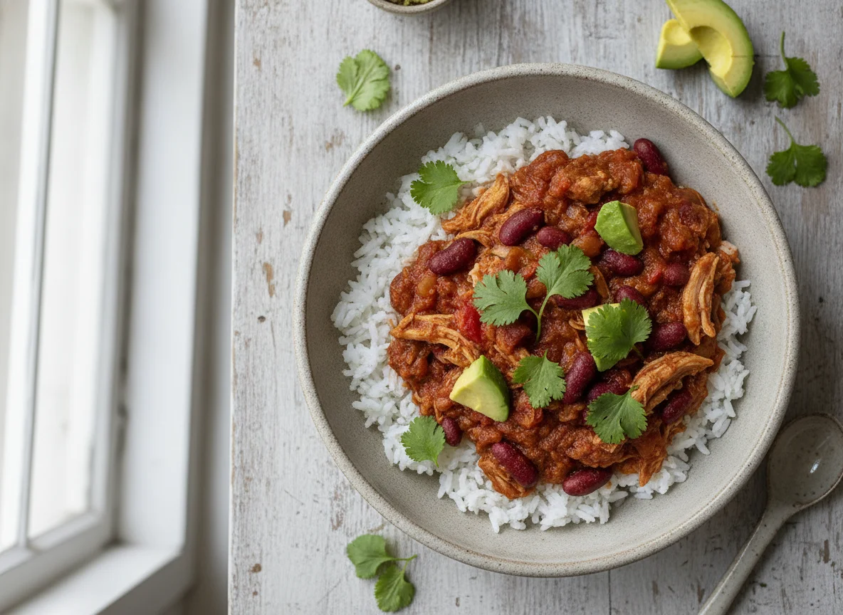 Chili de carne de aves com arroz photo