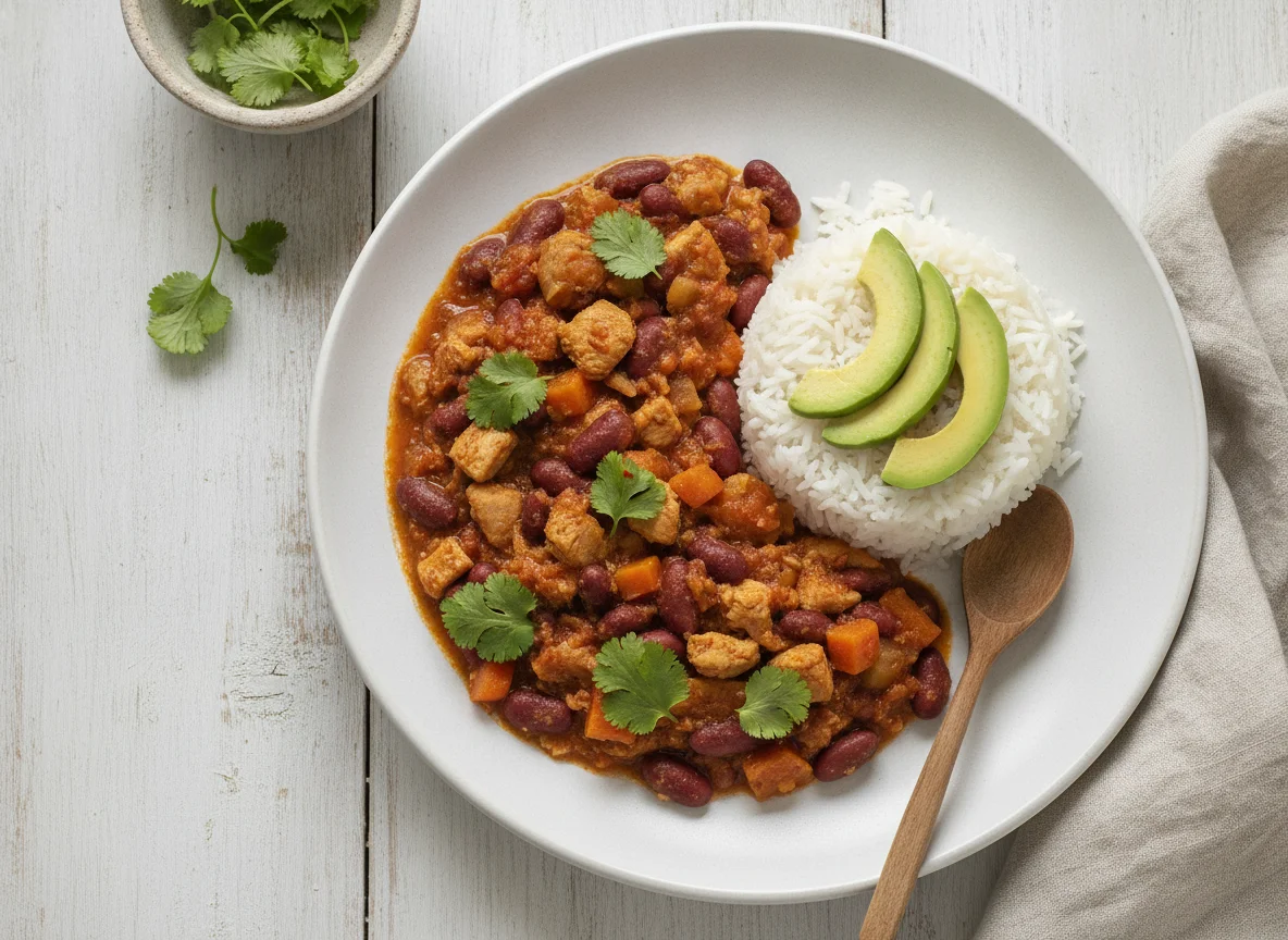 Chili de peru e frango com arroz e abacate photo