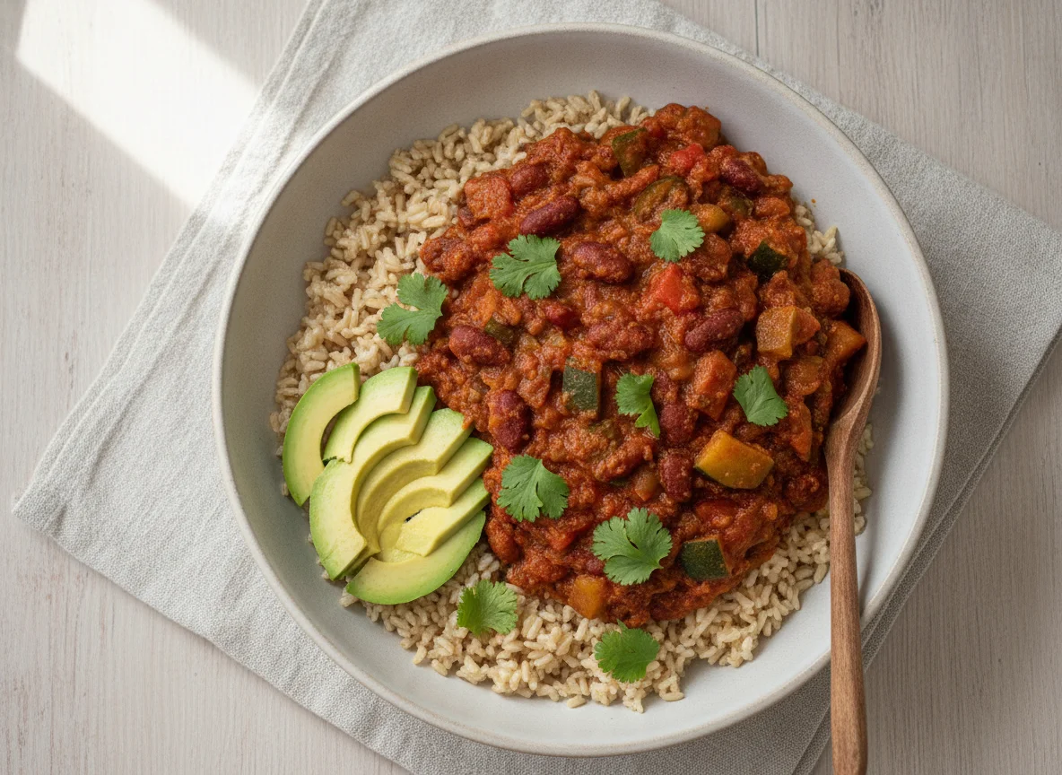 Chili de vegetais com arroz integral e abacate photo
