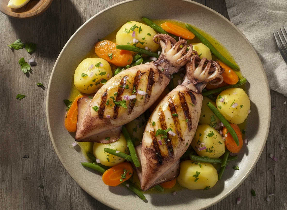 Chocos Grelhados com Batata e Legumes photo
