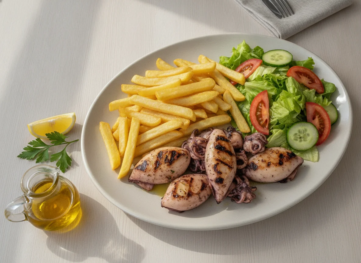 Chocos Grelhados com Batatas Fritas e Salada photo