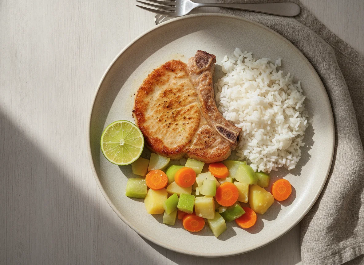 Chuleta de porco com arroz e legumes photo