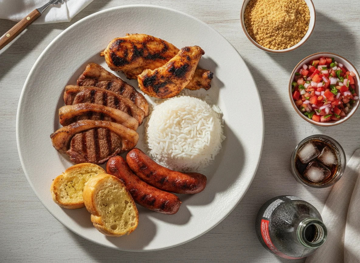 Churrasco Brasileiro com Arroz, Farofa e Vinagrete photo