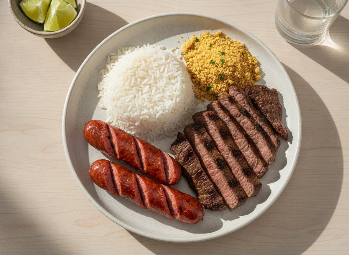 Churrasco com arroz e farofa photo