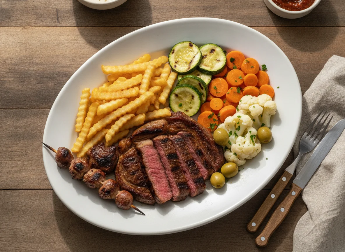 Churrasco com legumes e batata frita photo
