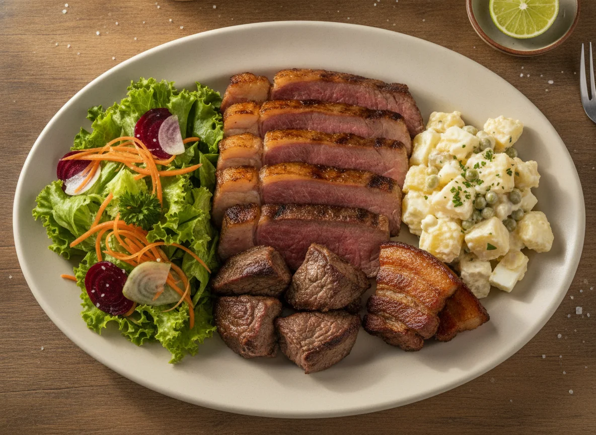 Churrasco com salada de maionese e salada mista photo