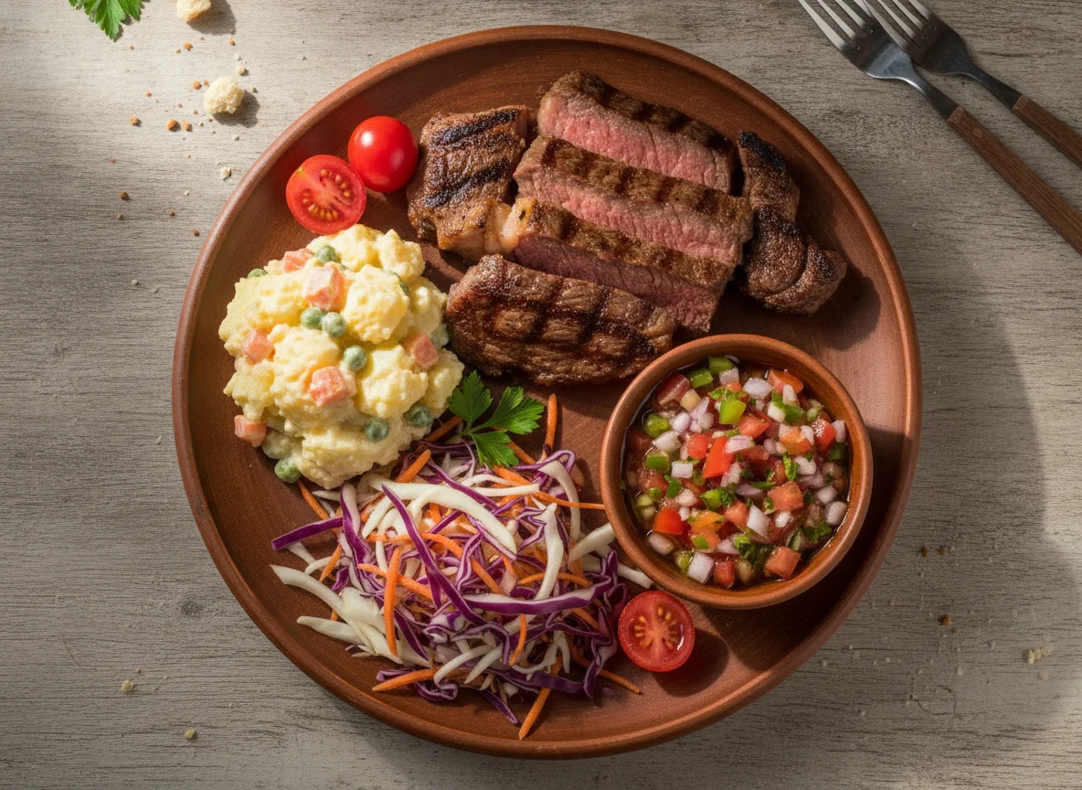 Churrasco com salada de maionese e vinagrete photo