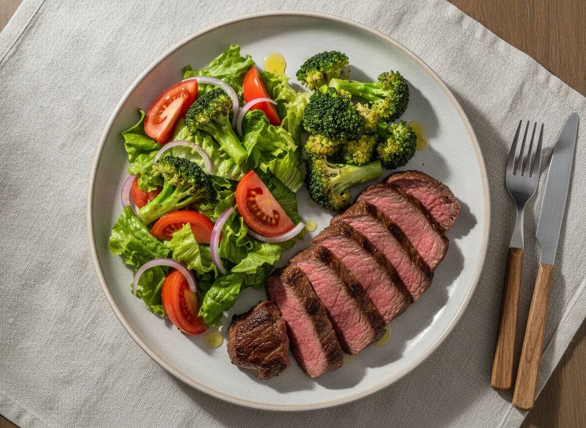 Churrasco com salada e brócolis photo