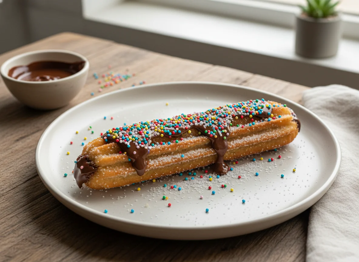 Churro com chocolate e granulado photo