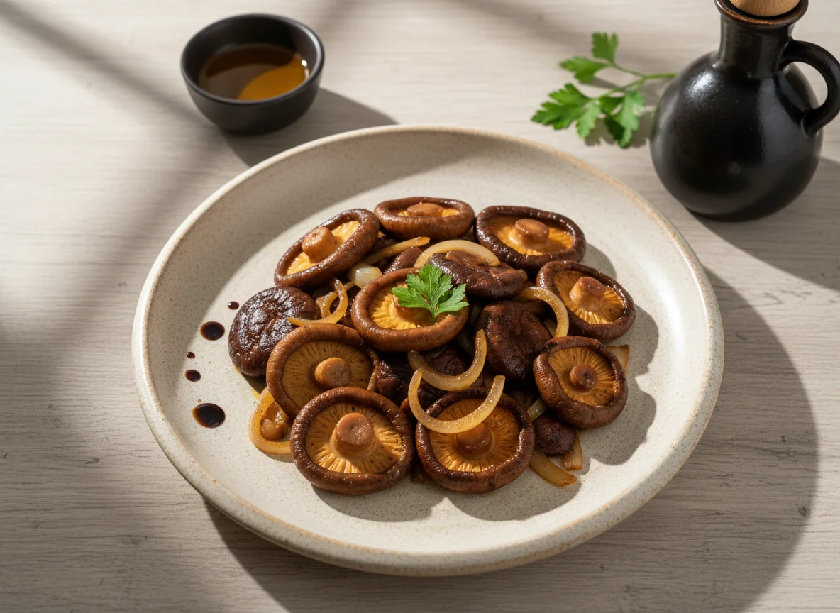 Cogumelos Shiitake salteados com cebola photo