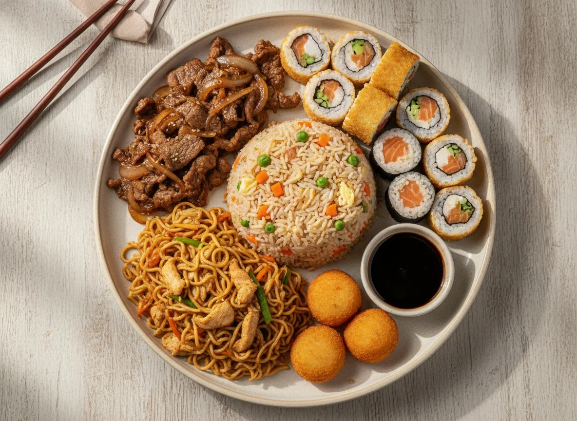 Combinado de Comida Chinesa e Japonesa photo