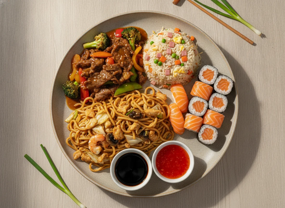 Combinado de Comida Chinesa e Sushi photo