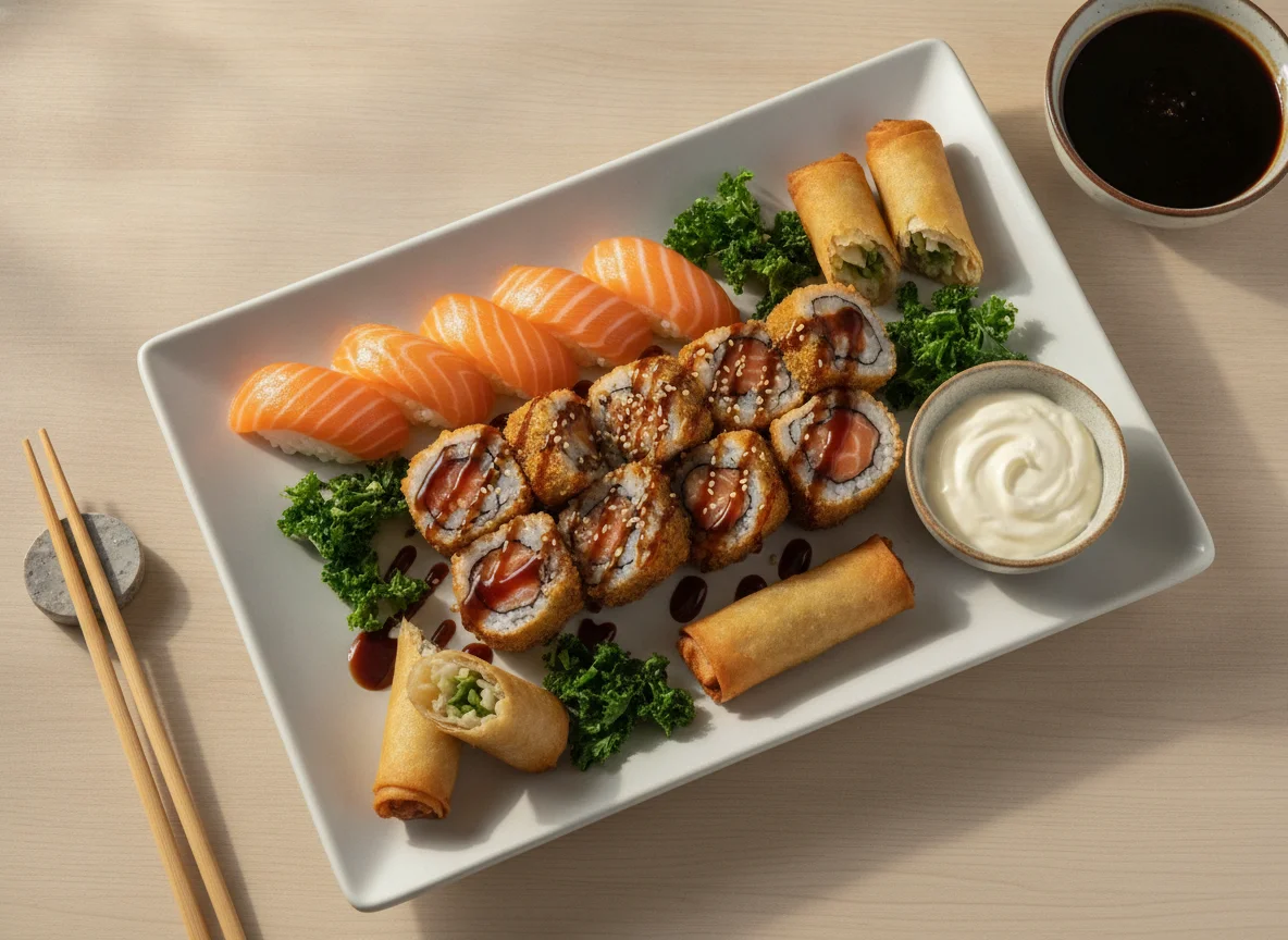 Combinado de Sushi e Hot Roll com Molho Tarê photo
