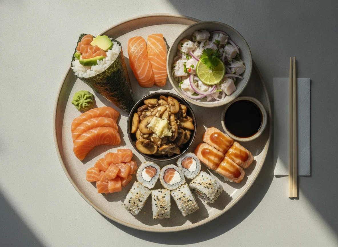 Combinado de Sushi e Sashimi com Shimeji e Ceviche photo