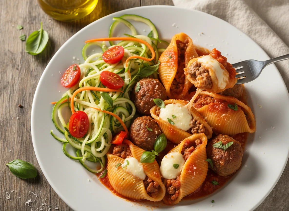 Conchiglione recheado com almôndegas e salada de legumes photo