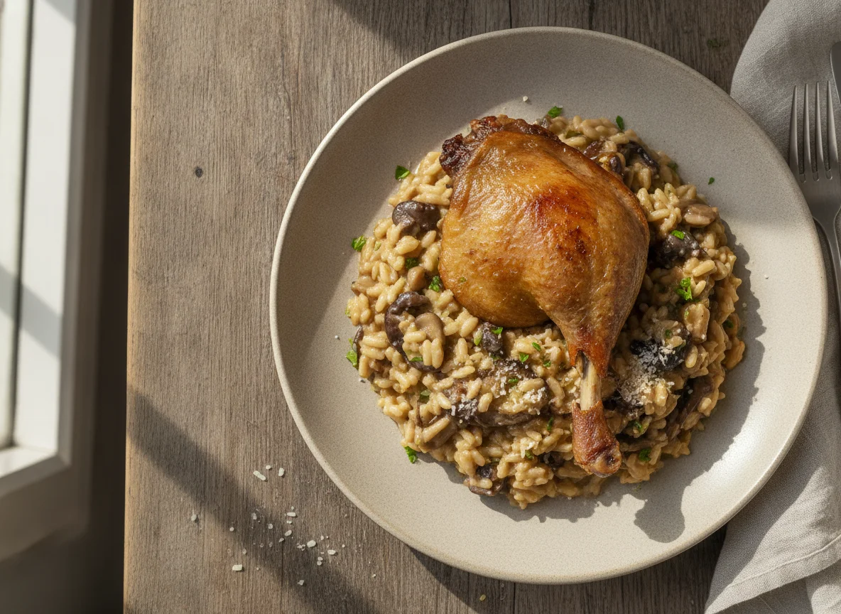Confit de Pato com Risotto de Cogumelos photo