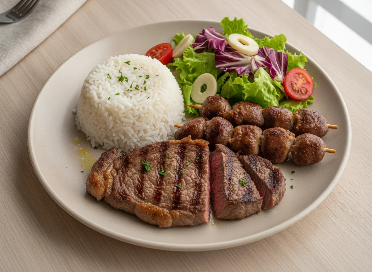 Contra filé com arroz, coração de frango e salada photo