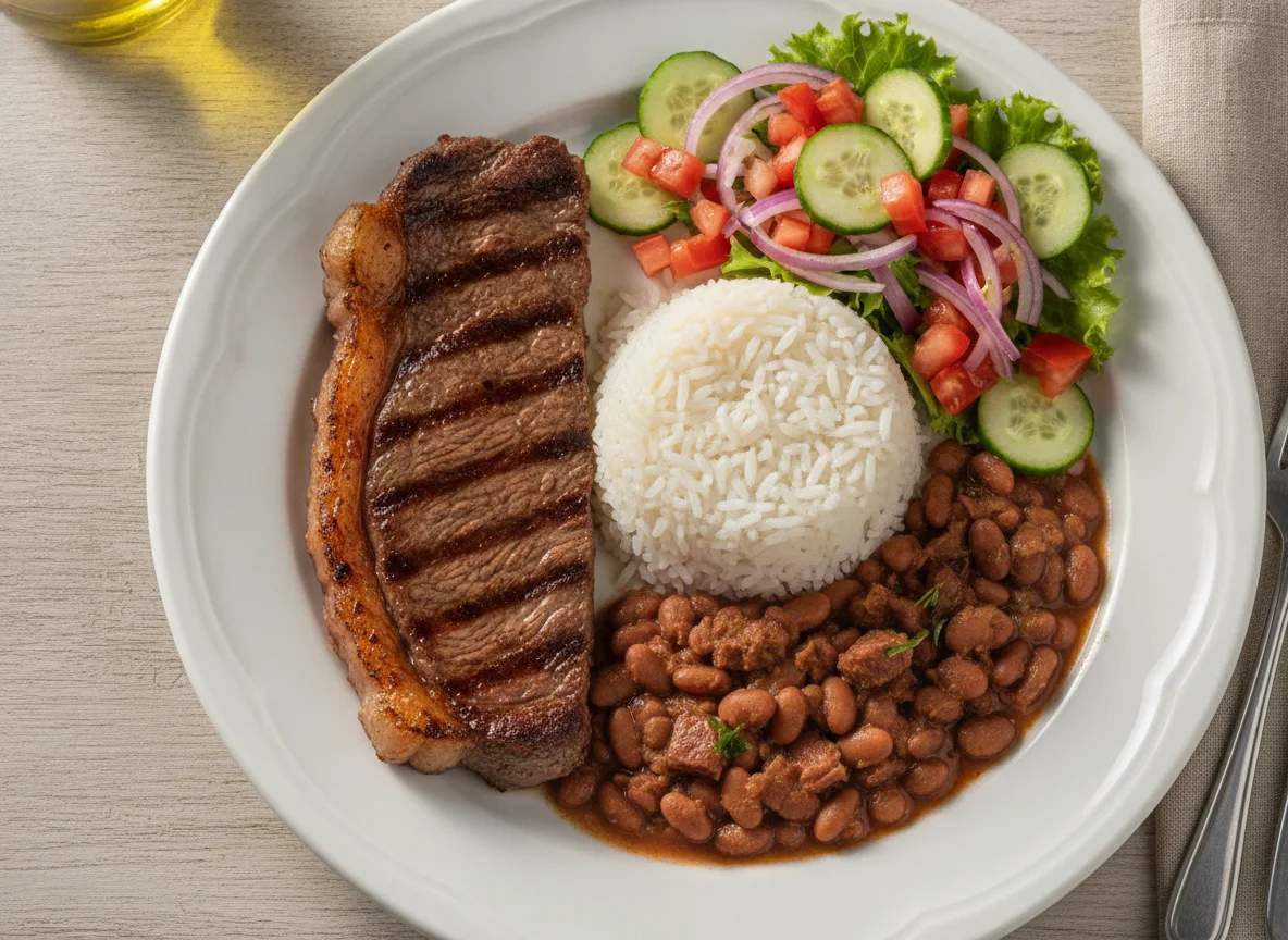 Contra filé com arroz, feijão e salada photo