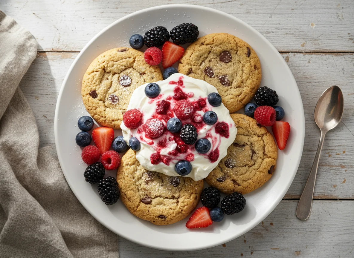 Cookie com creme e frutas vermelhas photo