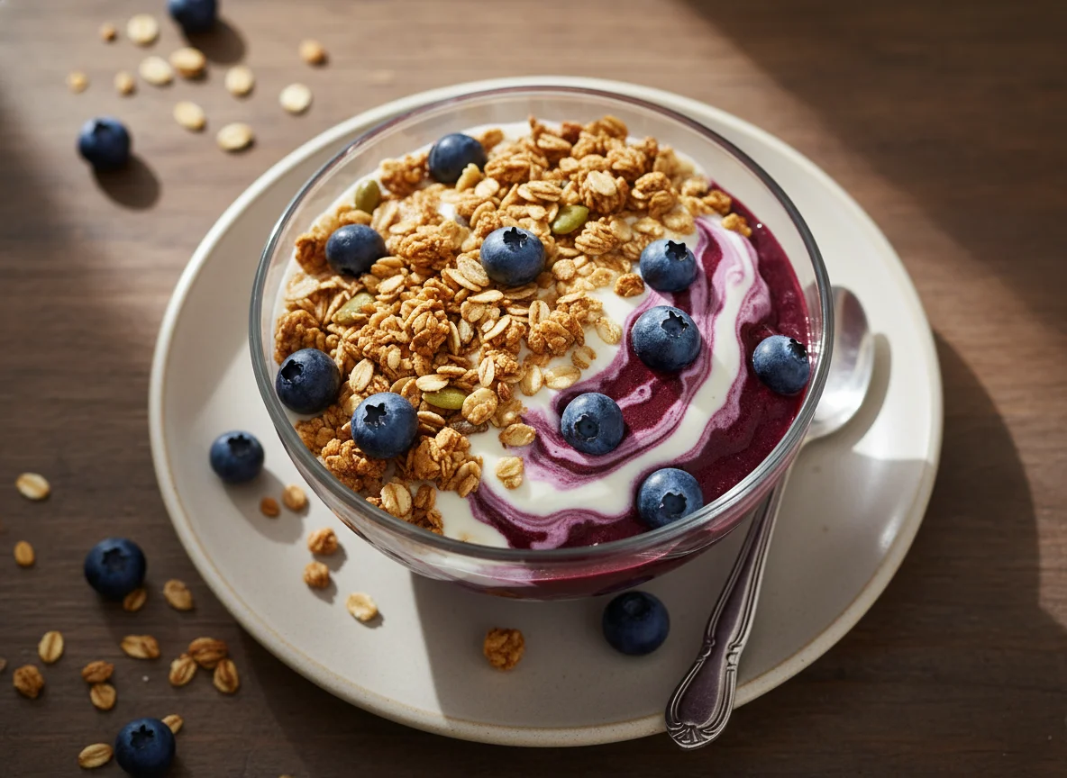 Copo de Açaí com Granola e Mirtilos photo