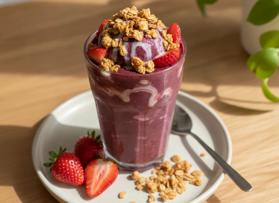 Copo de Açaí com Morango e Leite Condensado photo