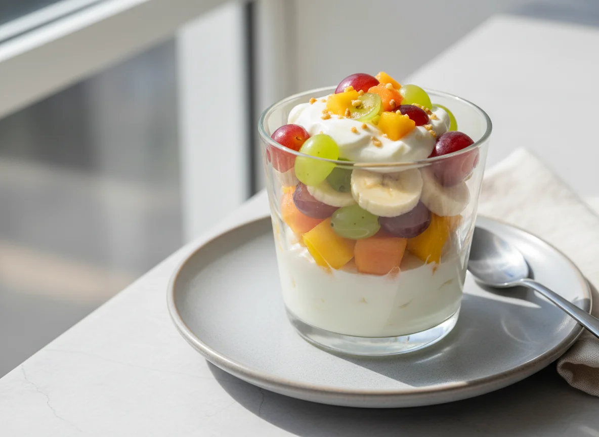 Copo de frutas com creme e iogurte photo