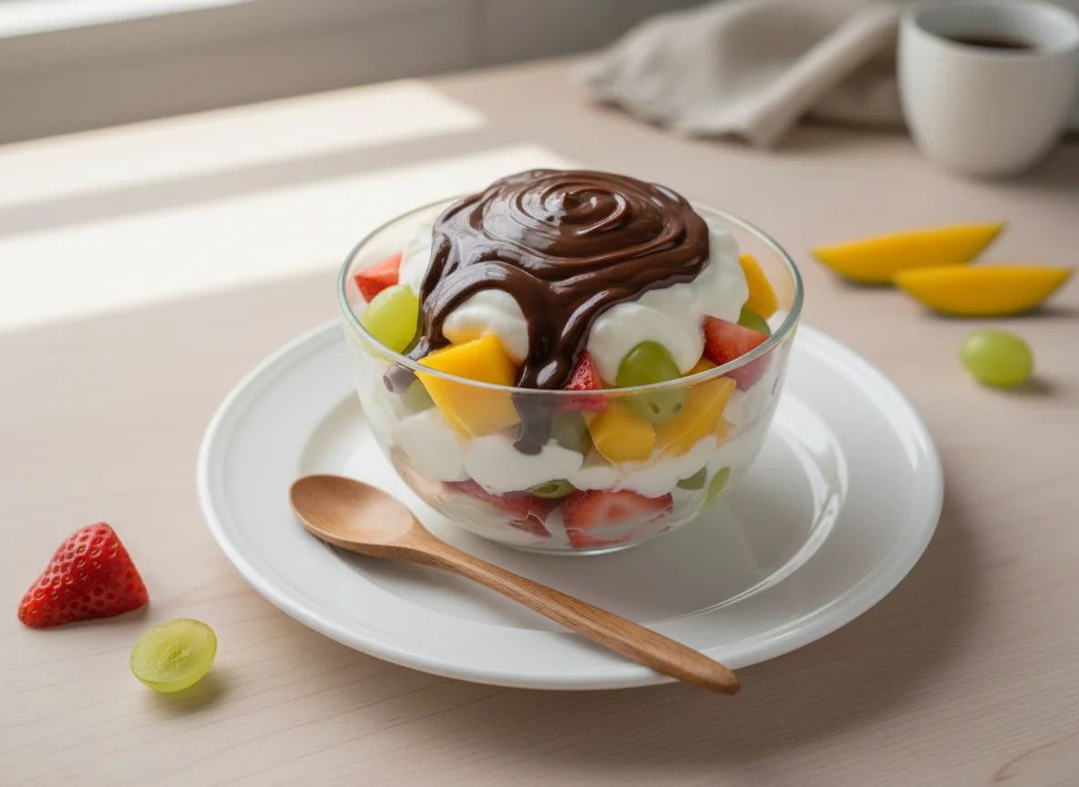 Copo de frutas com iogurte e calda photo