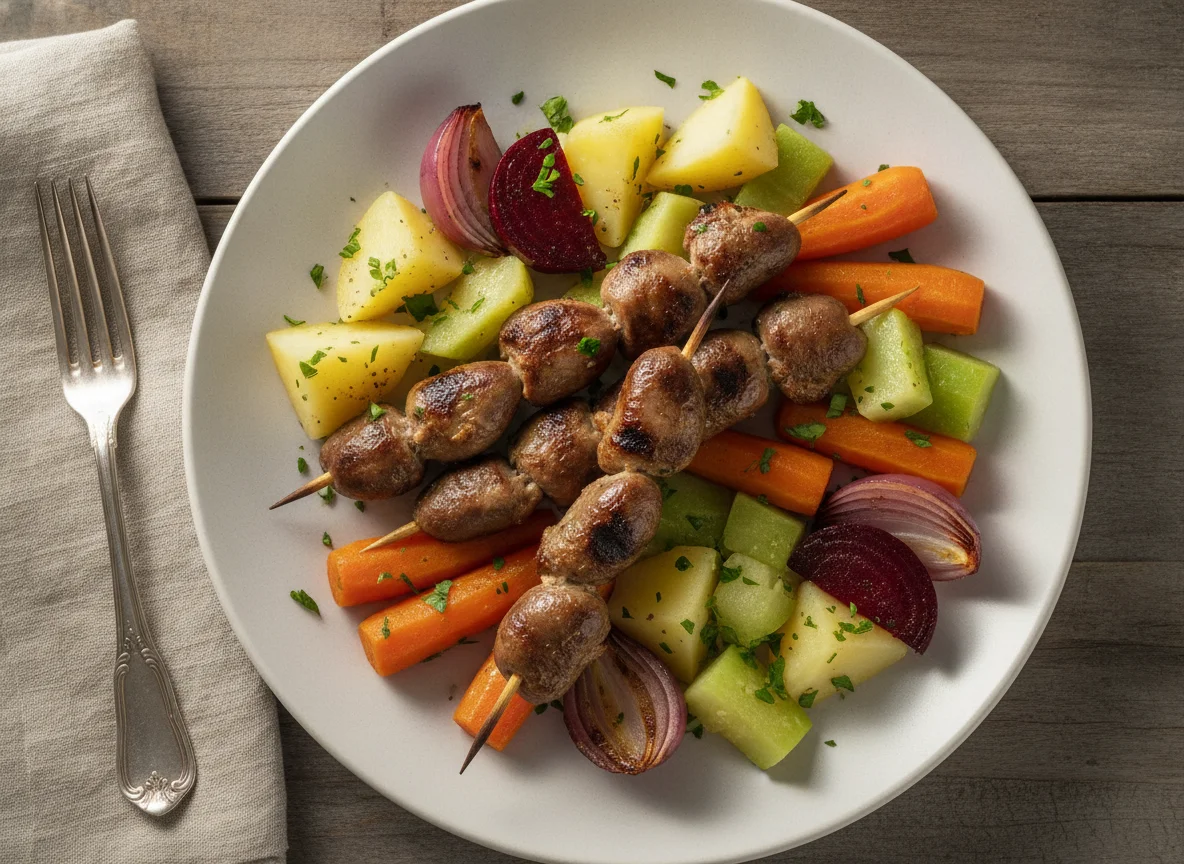 Coração de galinha com legumes cozidos photo