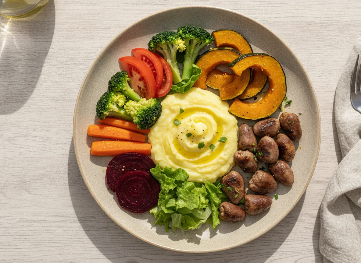 Coração de galinha com purê de batata e salada mista photo