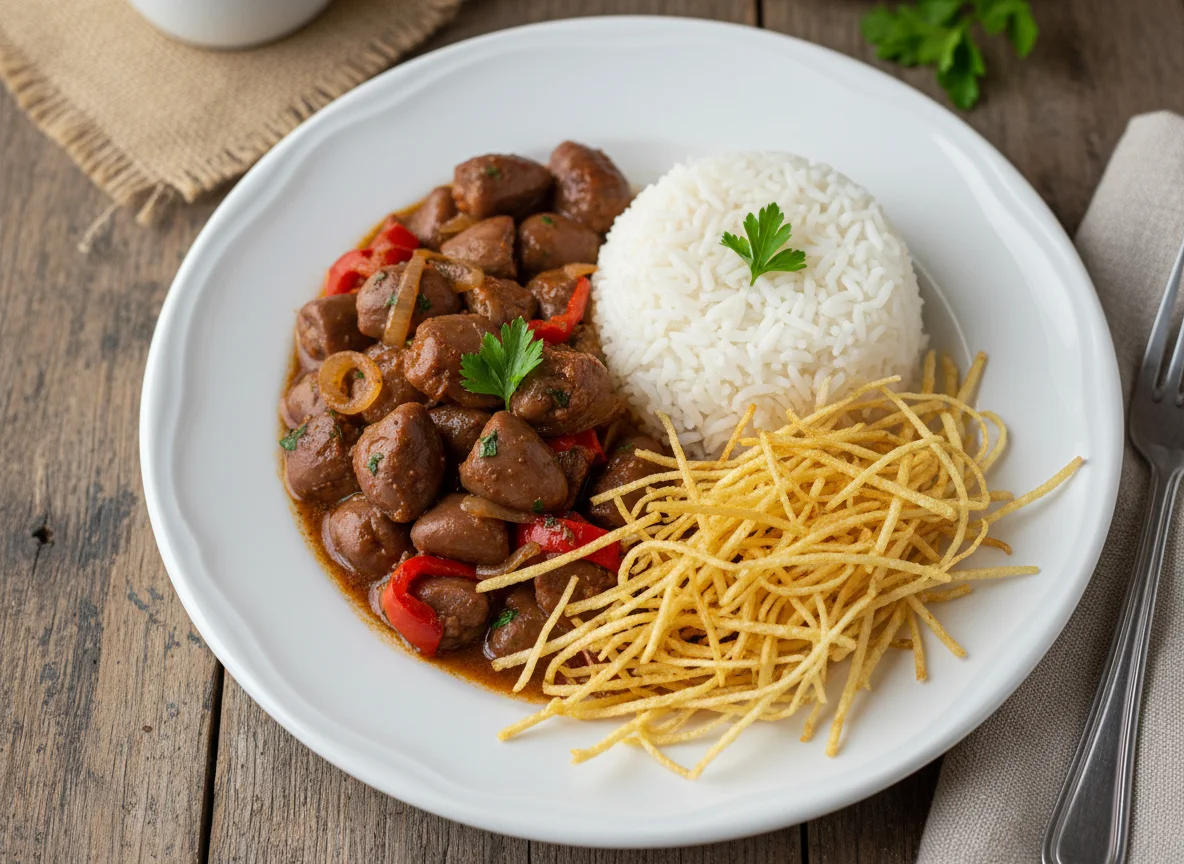 Coração de galinha refogado com arroz e batata palha photo
