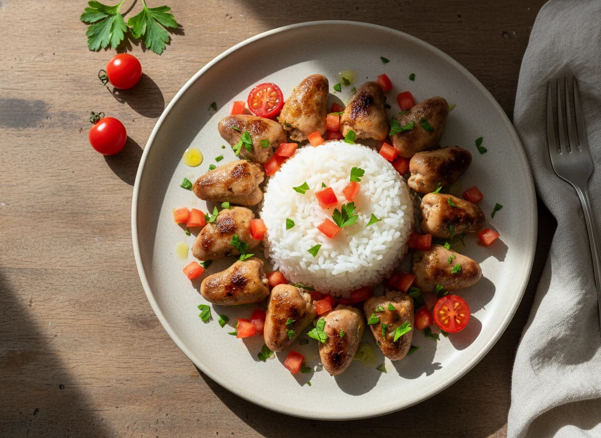 Corações de frango com arroz e tomate photo