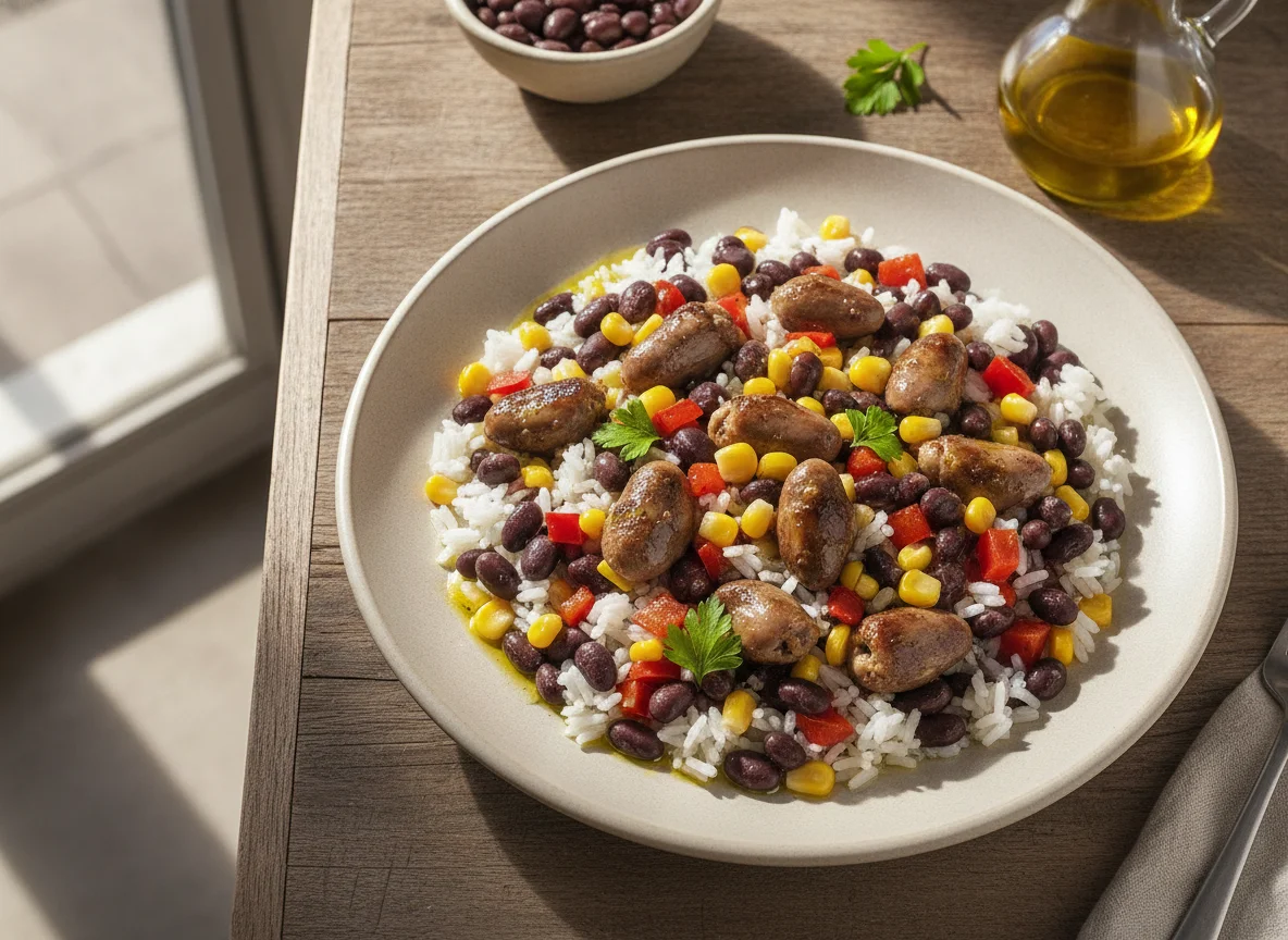 Corações de frango com arroz e vegetais photo