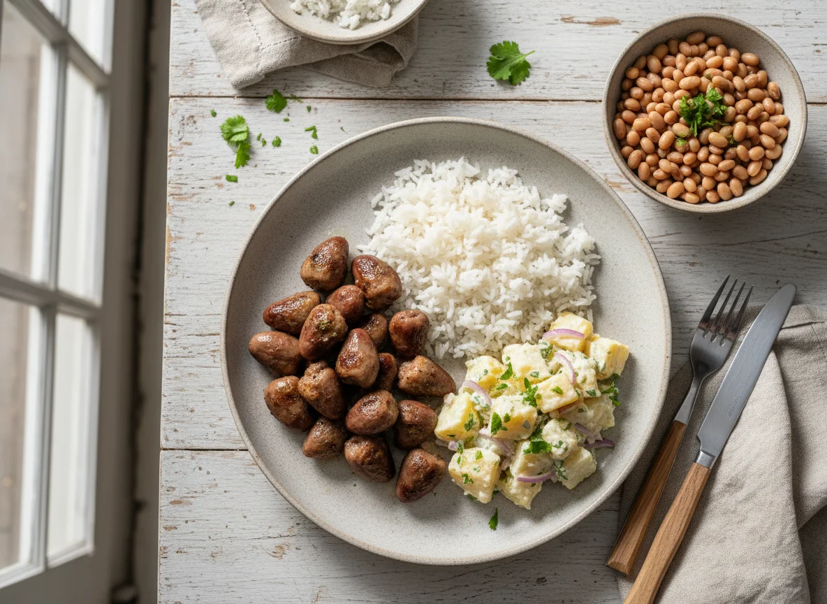 Corações de frango com arroz, feijão fradinho e salada de batata photo