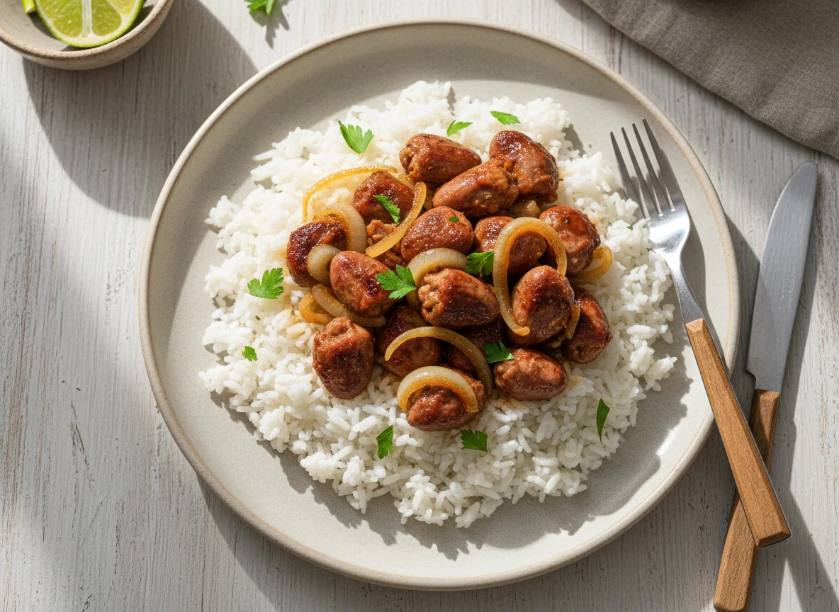 Corações de frango com cebola e arroz photo