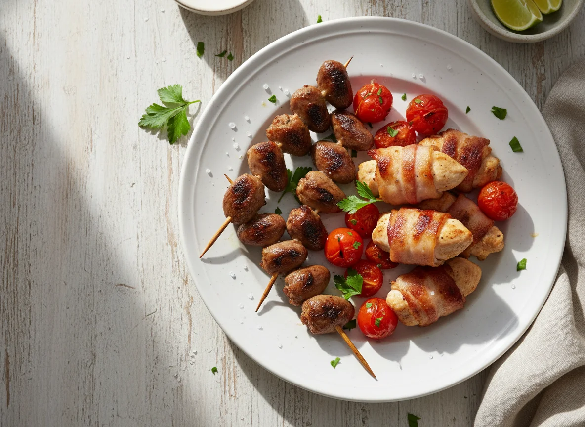 Corações de frango, frango com bacon e tomate cereja photo