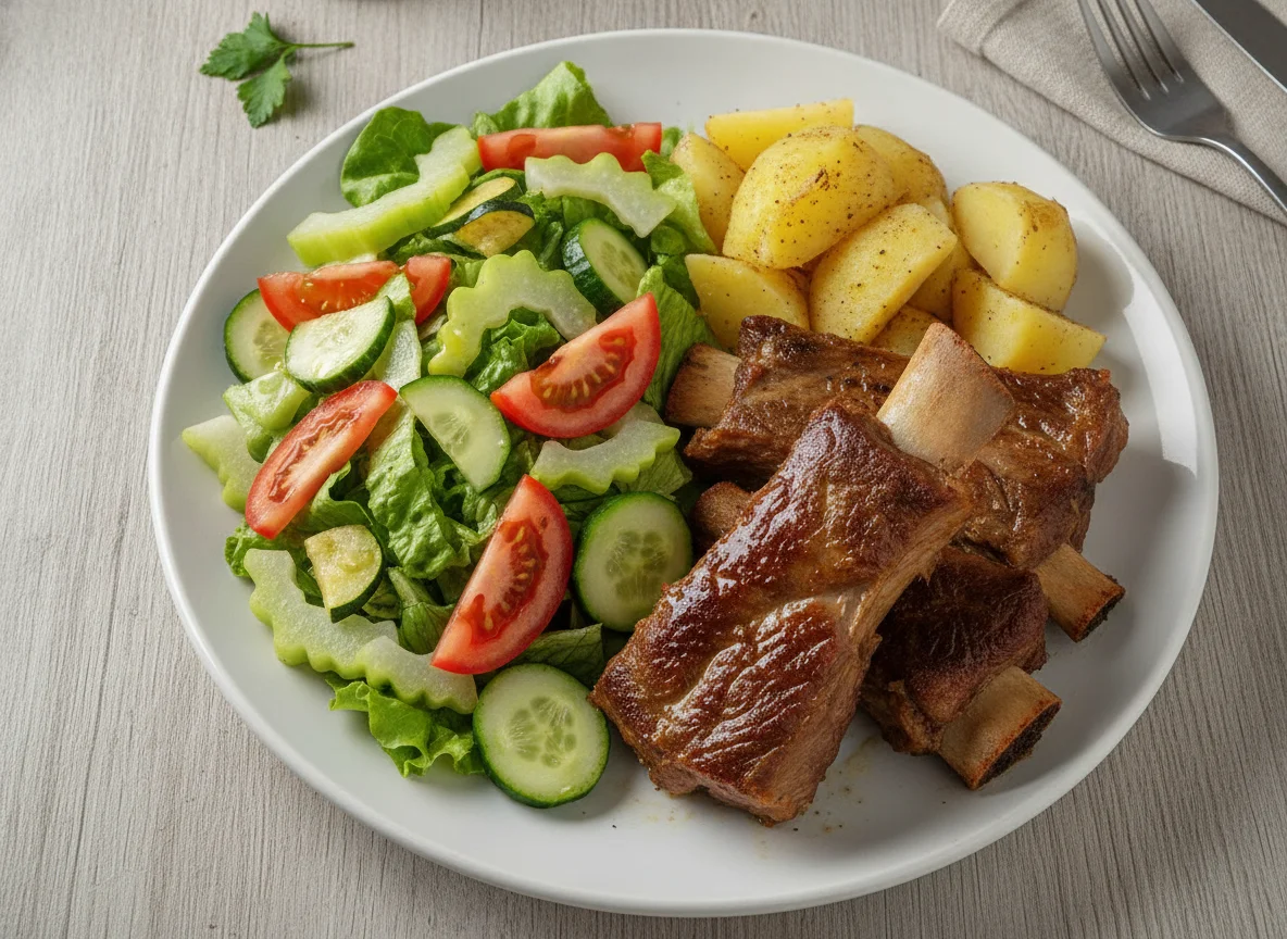 Costela bovina com batatas e salada mista photo
