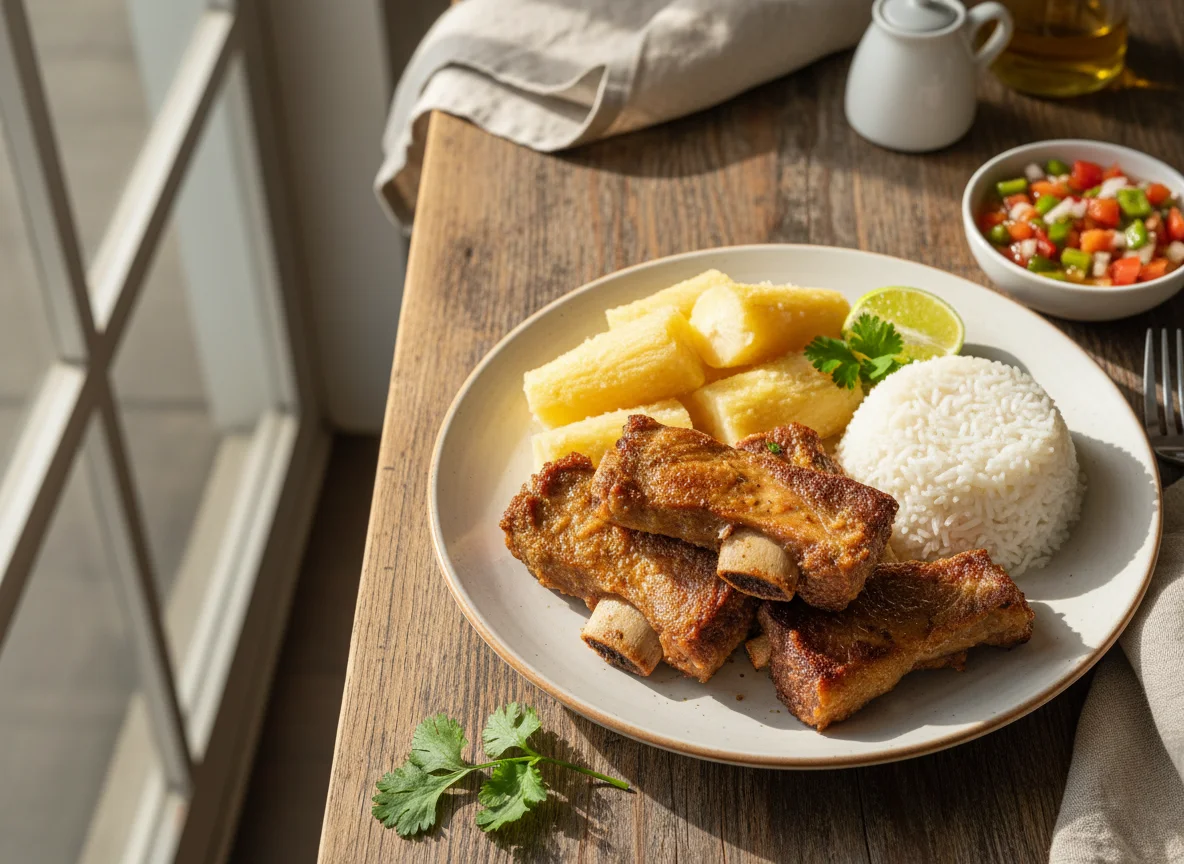 Costela com mandioca, arroz e vinagrete photo