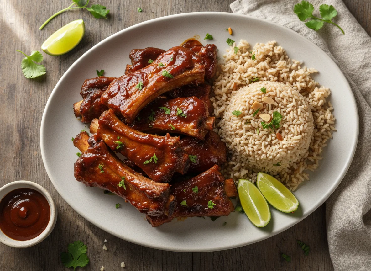 Costela com molho barbecue e arroz integral photo
