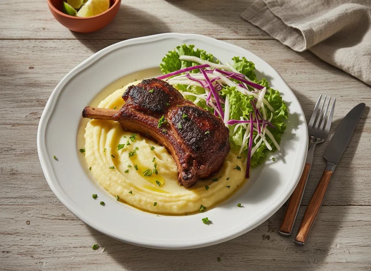 Costela de cordeiro com purê e salada photo