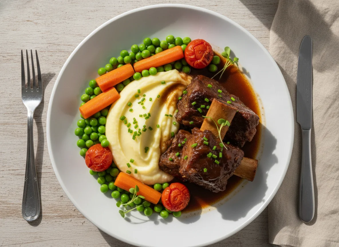 Costela de vaca com puré de batata e legumes photo