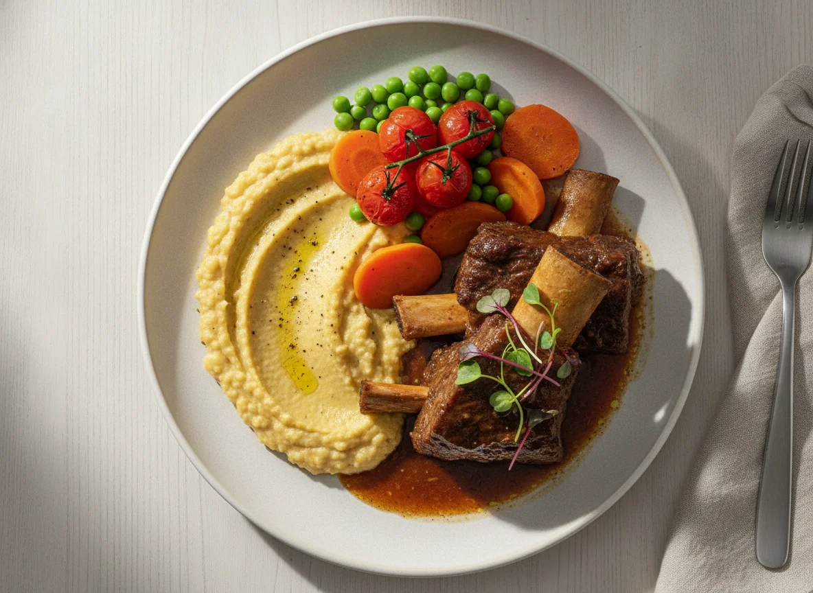 Costela de Vaca com Puré de Grão e Legumes photo