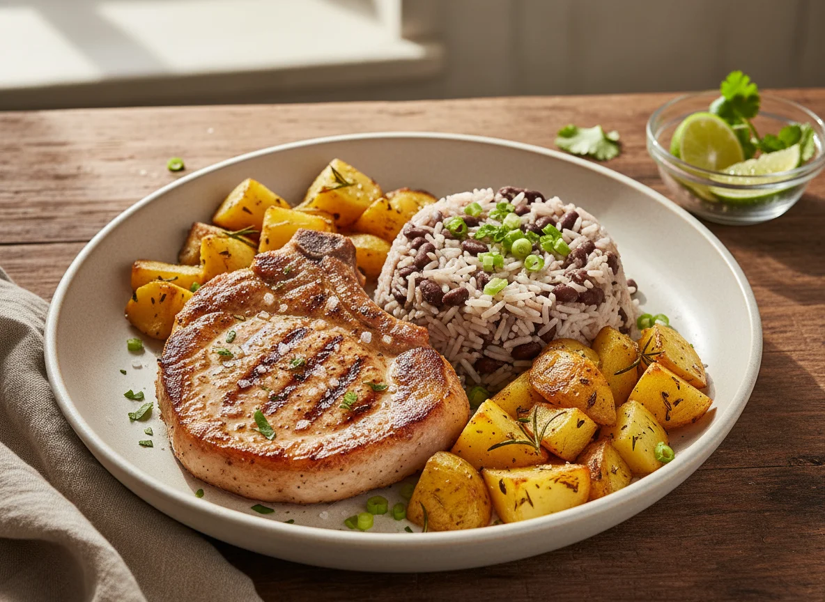 Costeleta de porco com arroz e batatas rústicas photo